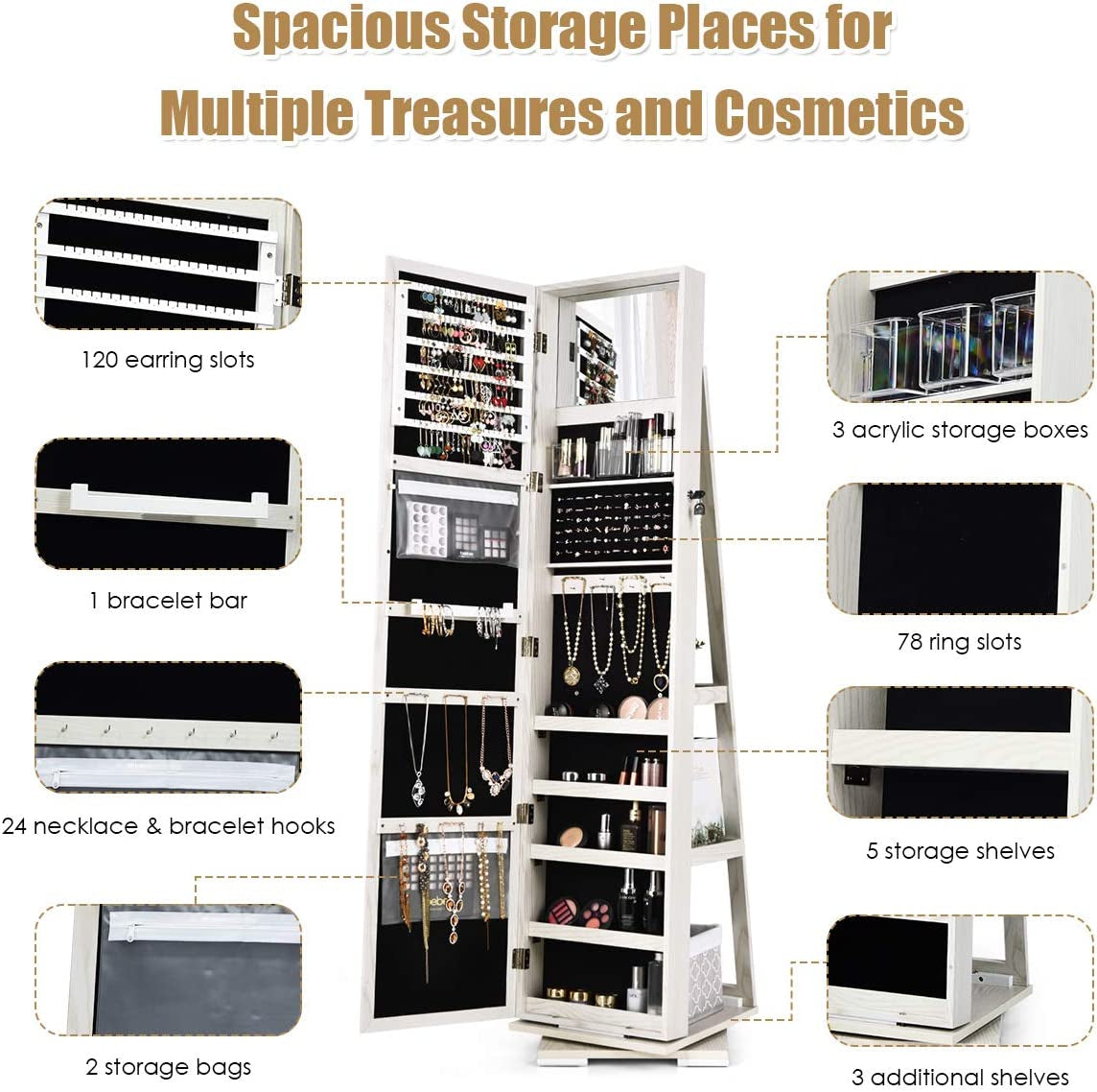 360° Swivel Jewelry Armoire with Higher Full Length Mirror & inside Makeup Mirror, Standing Lockable Jewelry Cabinet Organizer, Large Capacity, Back Storage Shelves (Grayish White)