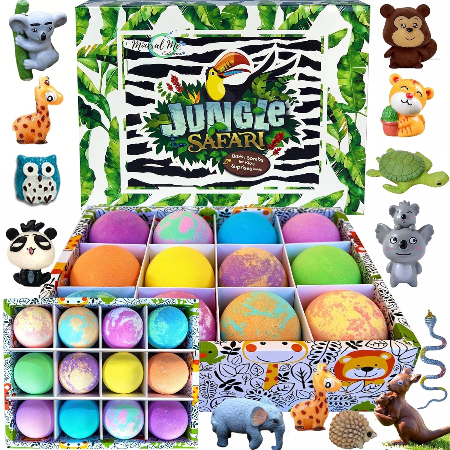 Bath Bombs for Kids with Surprise Inside, 12 Bubble Bath Fizzies with Jungle Animal Toys. Moisturizing, Gentle & Kids Safe, Rainbow Spa Bath Fizz, Stocking Stuffers Christmas Gifts for Boys, Girls