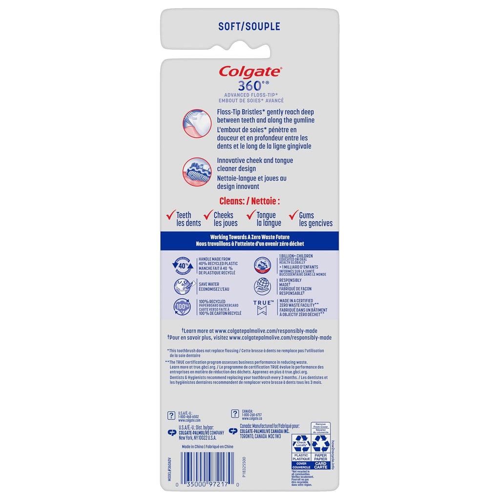 360 Advanced Floss Tip Soft Bristle Toothbrush, 17X Thinner Bristles for Deep Reach between Teeth, Ergonomic Handle with Soft Bristles and Tongue Cleaner, 4 Pack