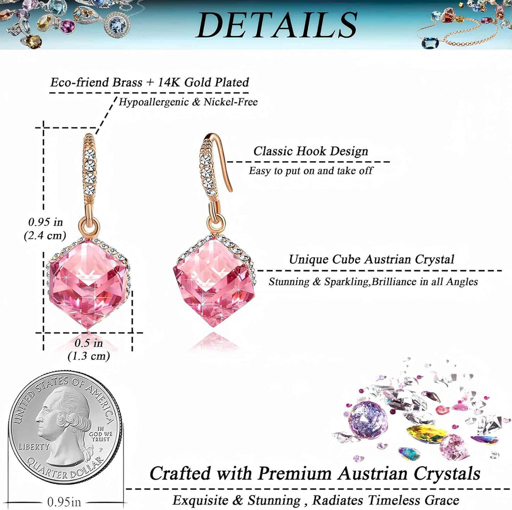 Austrian Crystal Cube Drop Dangle Earrings for Women 14K Gold Plated Hypoallergenic Jewelry