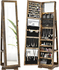 360° Swivel Jewelry Armoire with Higher Full Length Mirror, Standing Lockable Jewelry Cabinet Organizer, Large Storage Capacity, inside Makeup Mirror, Back Storage Shelves (Rustic Brown)
