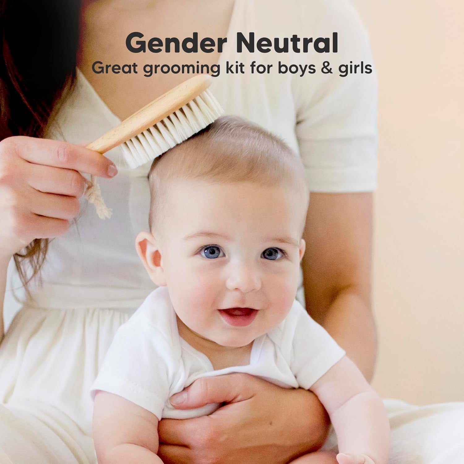 Baby Hair Brush and Comb Set for Newborn - Wooden with Soft Goat Bristle, Newborns Girl, Boy, Toddler Cradle Cap (Oval, Walnut)