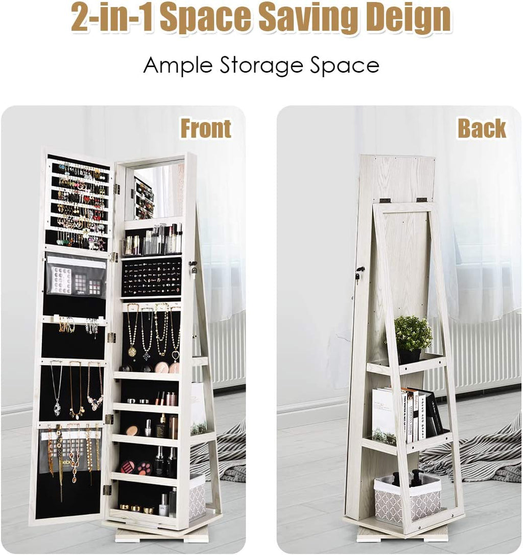 360° Swivel Jewelry Armoire with Higher Full Length Mirror & inside Makeup Mirror, Standing Lockable Jewelry Cabinet Organizer, Large Capacity, Back Storage Shelves (Grayish White)