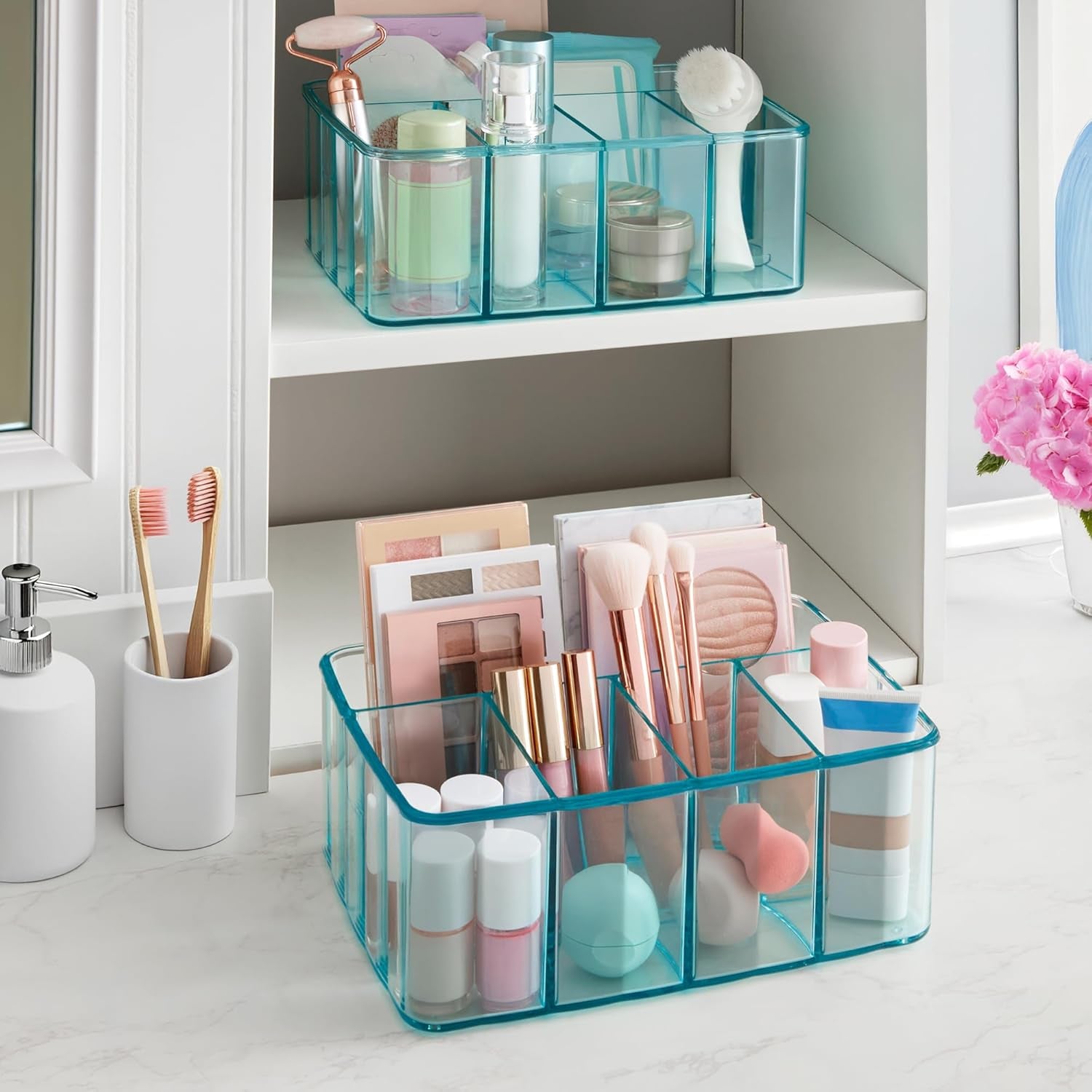 5-Compartment Plastic Organizer, Ocean Mist, Rectangular Divided Makeup and Vanity Storage Bin and Office Desk Caddy, Scalloped Wall Design, Made in USA