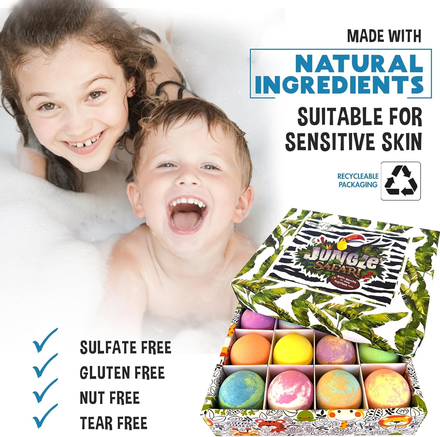 Bath Bombs for Kids with Surprise Inside, 12 Bubble Bath Fizzies with Jungle Animal Toys. Moisturizing, Gentle & Kids Safe, Rainbow Spa Bath Fizz, Stocking Stuffers Christmas Gifts for Boys, Girls