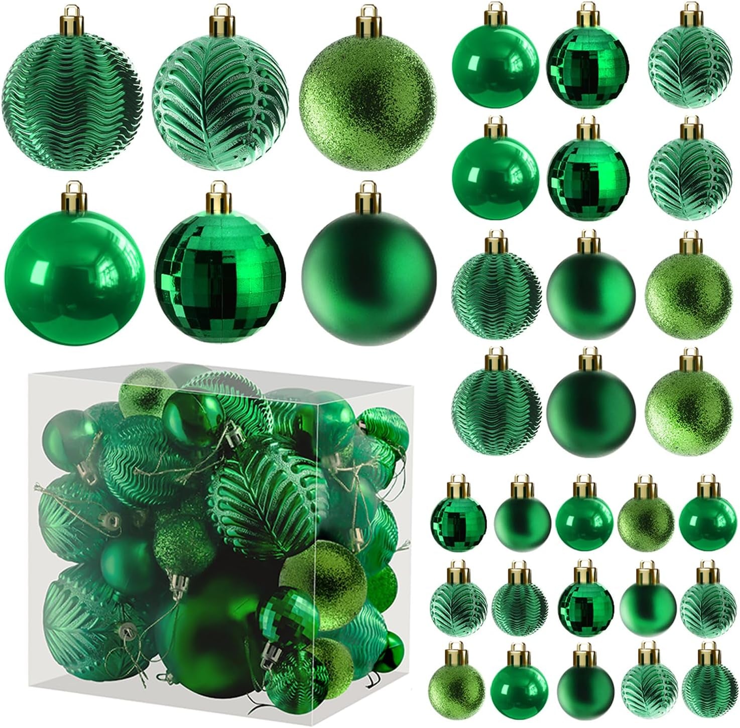 36-Pieces Green Christmas Ornaments Set - Shatterproof, Festive Christmas Tree Balls Decorations in 3 Sizes and 6 Styles with Hanging Loops for Tree, Wreath, and Dazzling Holiday Party Decor