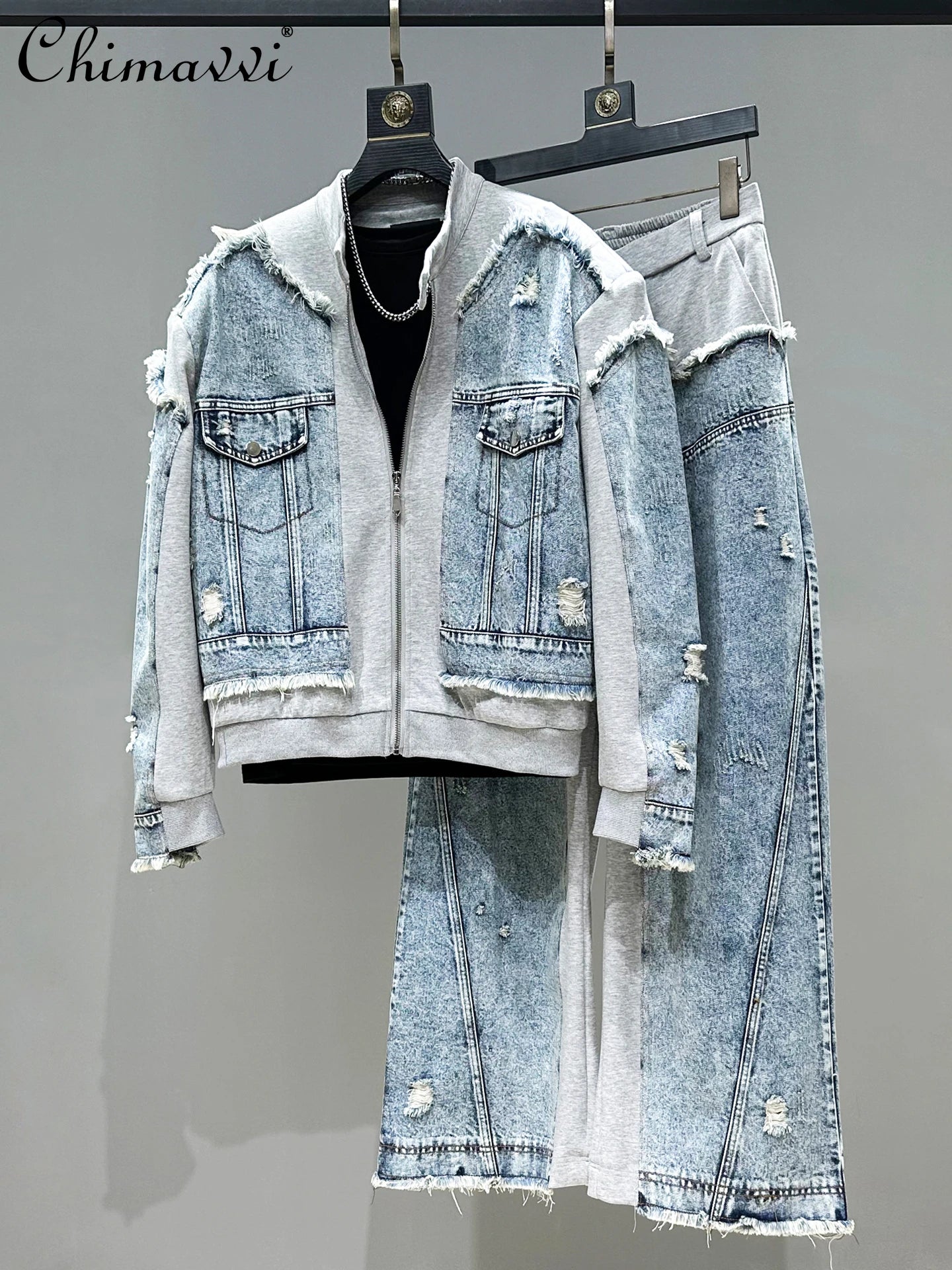 Chic Denim Patchwork Jacket & Pants Set