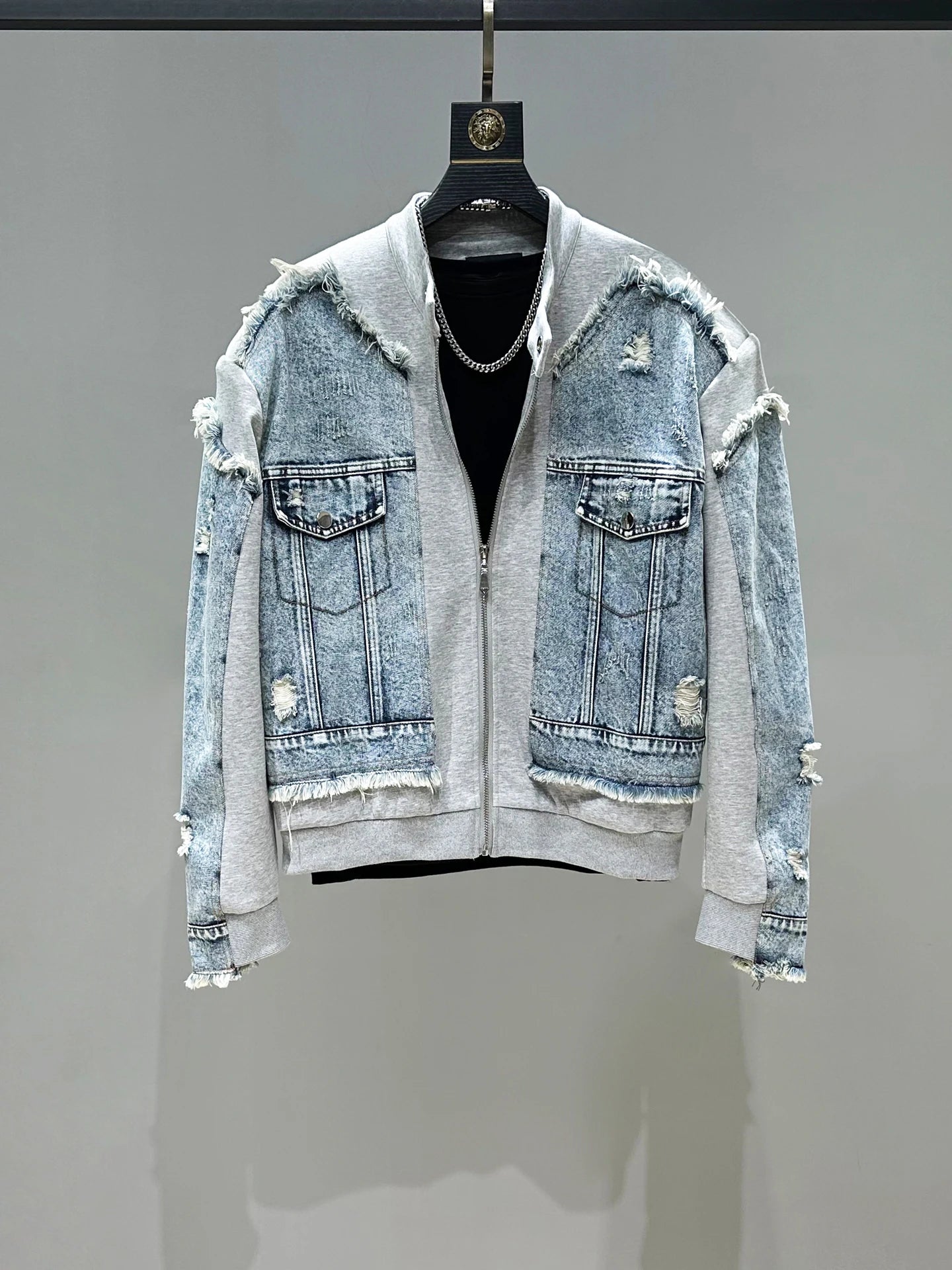 Chic Denim Patchwork Jacket & Pants Set