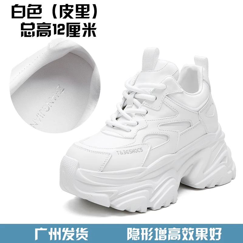 14cm Chunky Sneakers for Women Super Increasing Women Shoes High Quality Real Leather Shoes Lightweight Platform Shoes 8-14cm