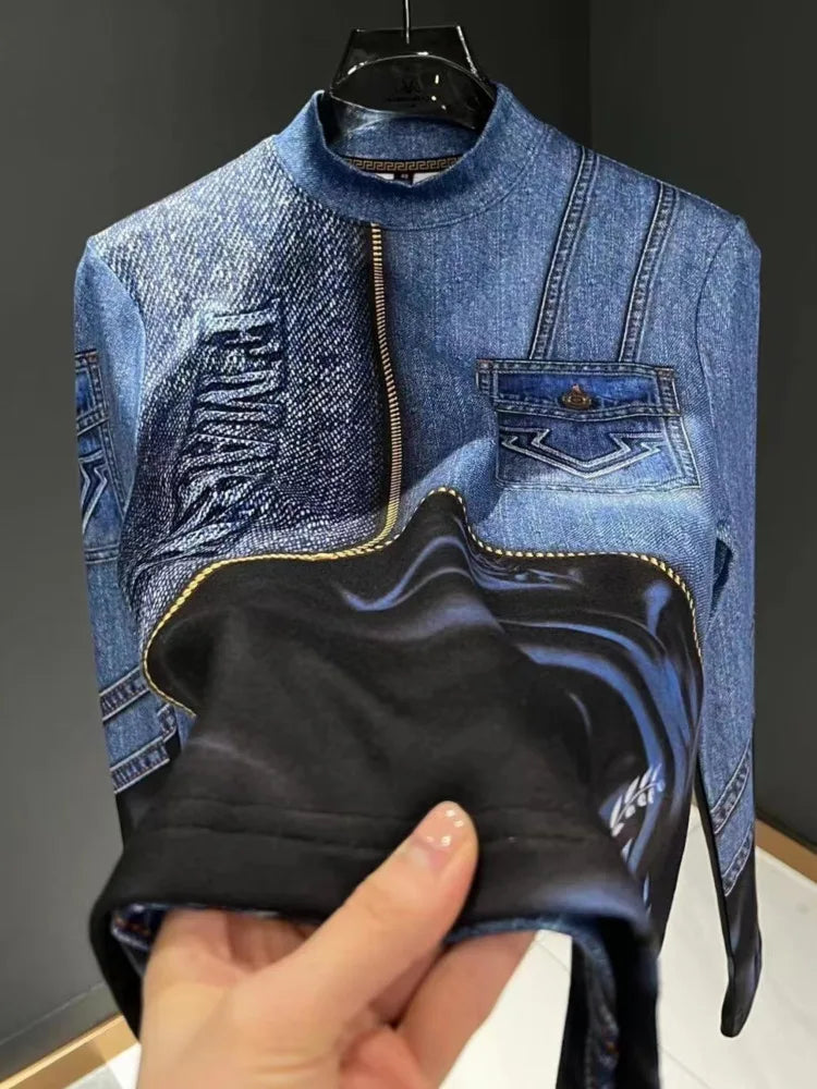 Trendy Half High Collar Denim Sweater