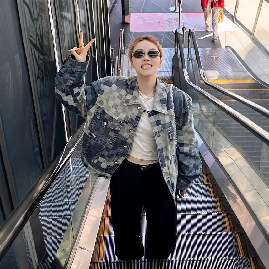 Vintage Plaid Denim Streetwear Jacket