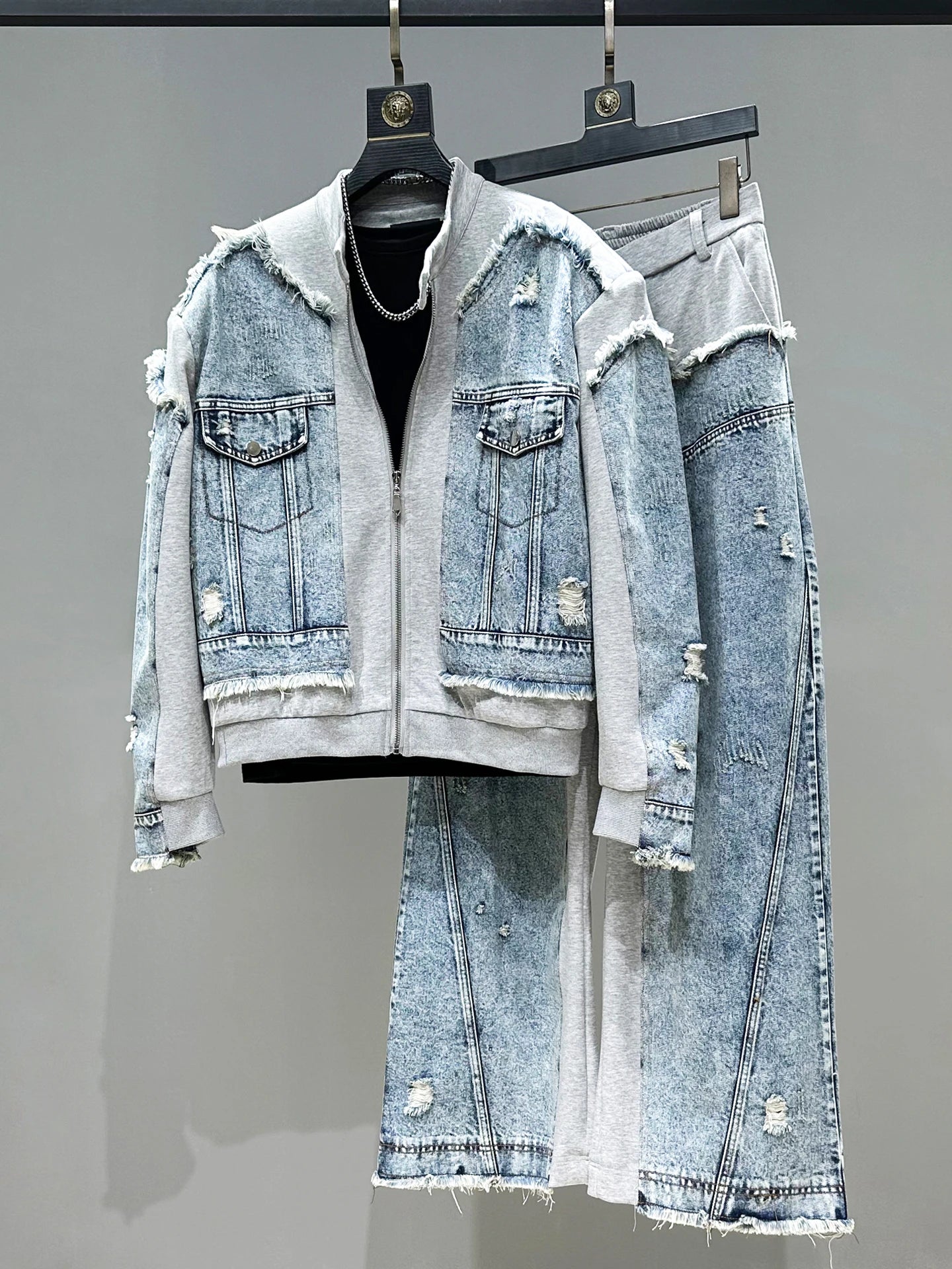 Chic Denim Patchwork Jacket & Pants Set