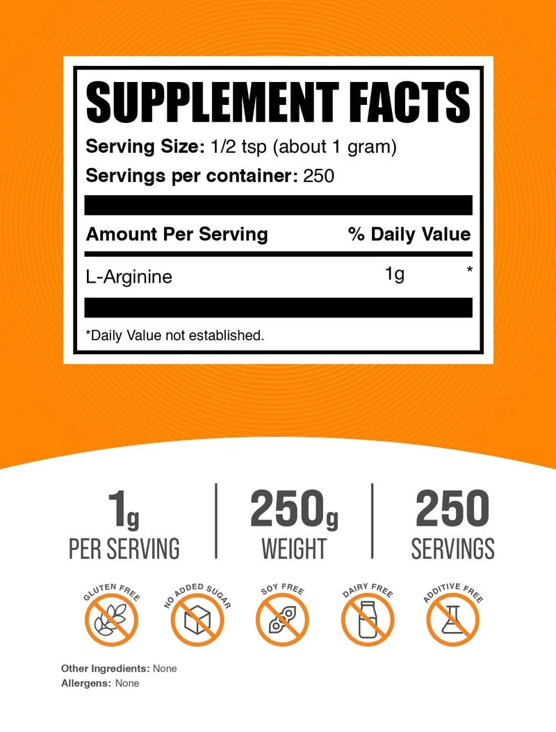 Bulksupplements L-Arginine Powder - Arginine Supplement - Unflavored, 1G per Serving, 250G (8.8)