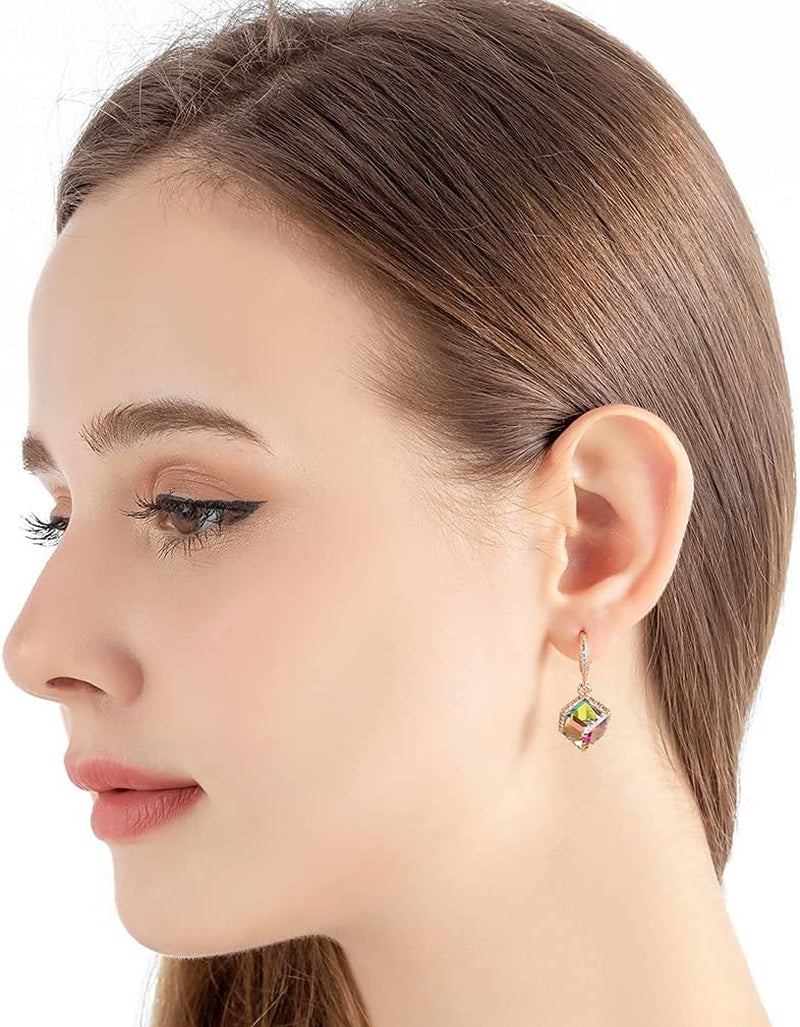 Austrian Crystal Cube Drop Dangle Earrings for Women 14K Gold Plated Hypoallergenic Jewelry
