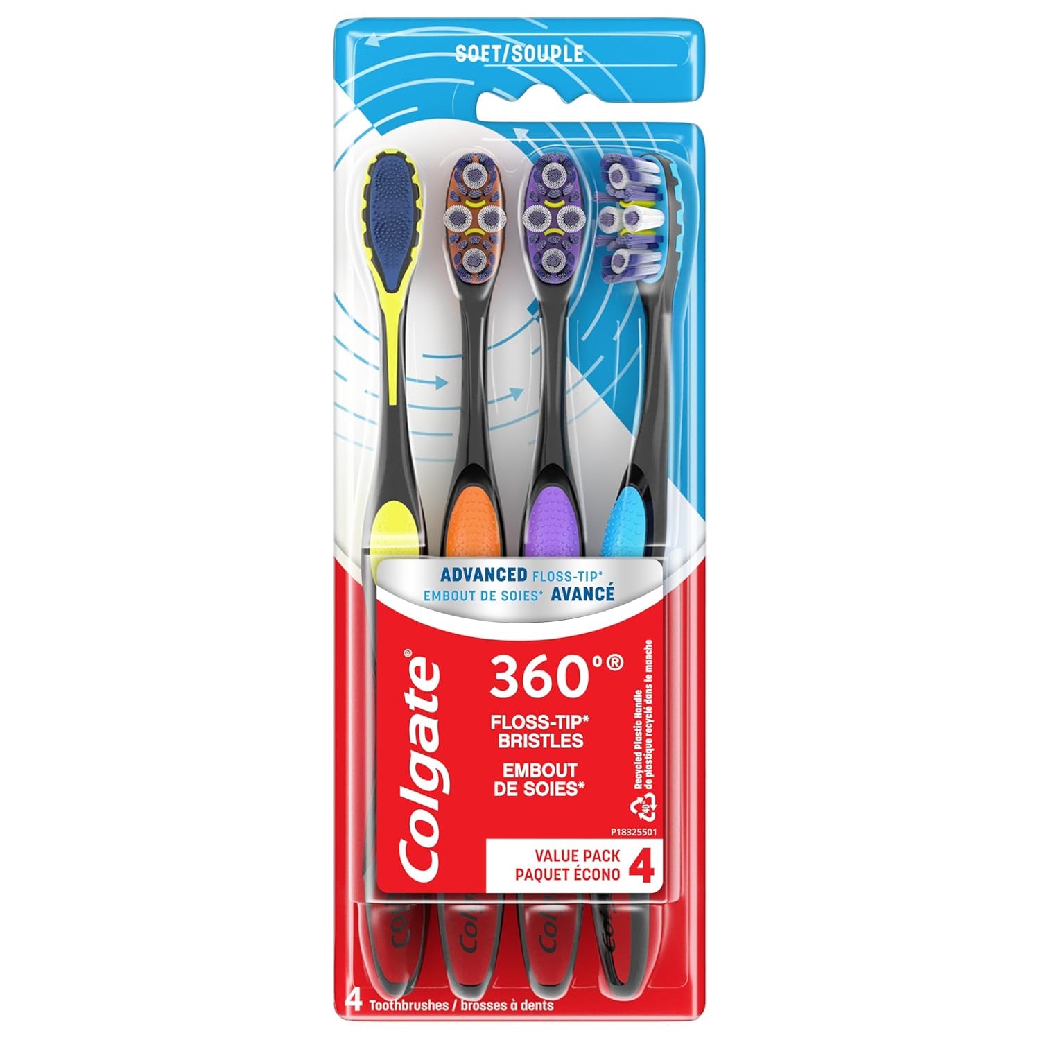 360 Advanced Floss Tip Soft Bristle Toothbrush, 17X Thinner Bristles for Deep Reach between Teeth, Ergonomic Handle with Soft Bristles and Tongue Cleaner, 4 Pack