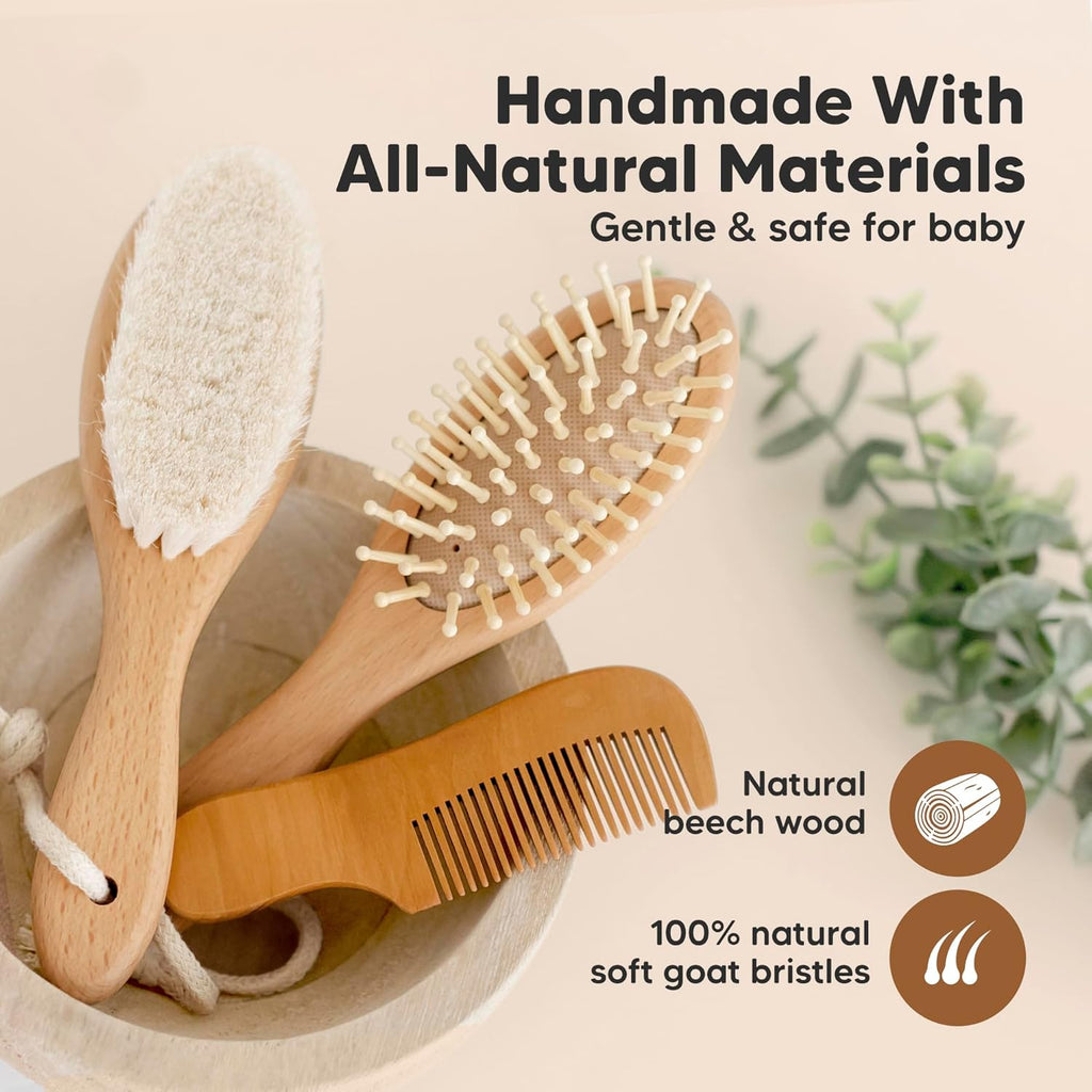 Baby Hair Brush and Comb Set for Newborn - Wooden with Soft Goat Bristle, Newborns Girl, Boy, Toddler Cradle Cap (Oval, Walnut)