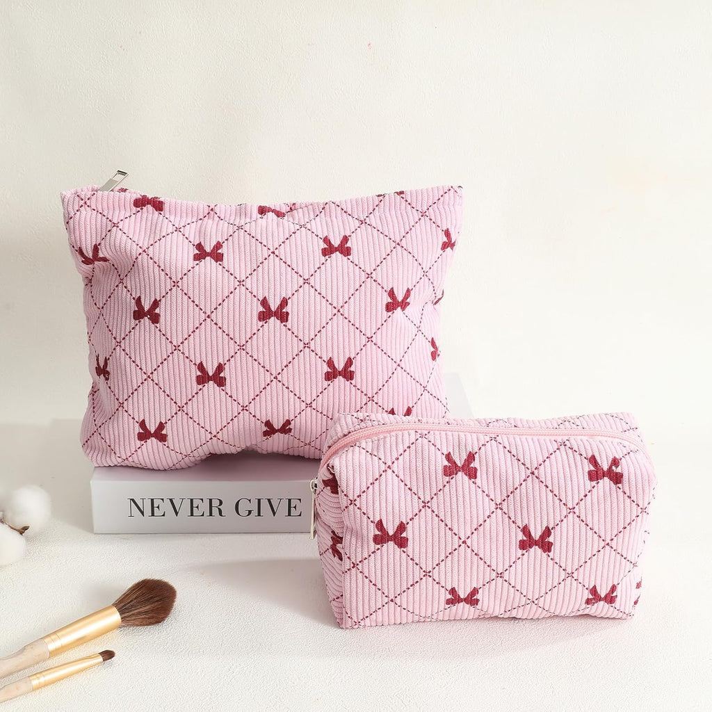 2PCS Cute Corduroy Makeup Bag Set for Women, Small Travel Toiletry Bag, Coquette Cosmetic Pouch with Bow, Portable Versatile Zipper Pouch - Pink