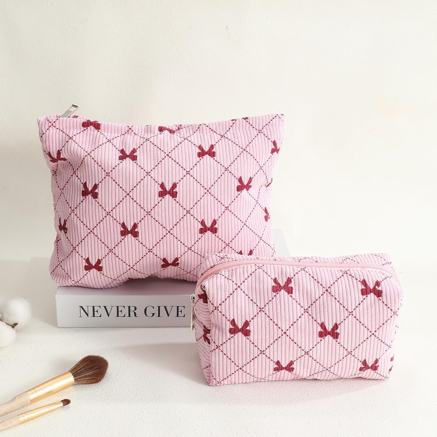 2PCS Cute Corduroy Makeup Bag Set for Women, Small Travel Toiletry Bag, Coquette Cosmetic Pouch with Bow, Portable Versatile Zipper Pouch - Pink