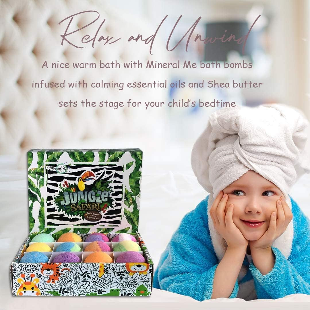 Bath Bombs for Kids with Surprise Inside, 12 Bubble Bath Fizzies with Jungle Animal Toys. Moisturizing, Gentle & Kids Safe, Rainbow Spa Bath Fizz, Stocking Stuffers Christmas Gifts for Boys, Girls