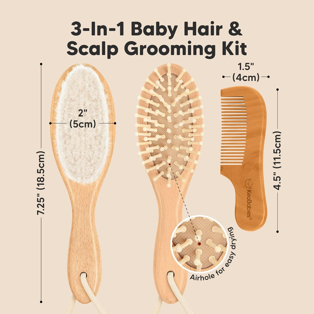 Baby Hair Brush and Comb Set for Newborn - Wooden with Soft Goat Bristle, Newborns Girl, Boy, Toddler Cradle Cap (Oval, Walnut)