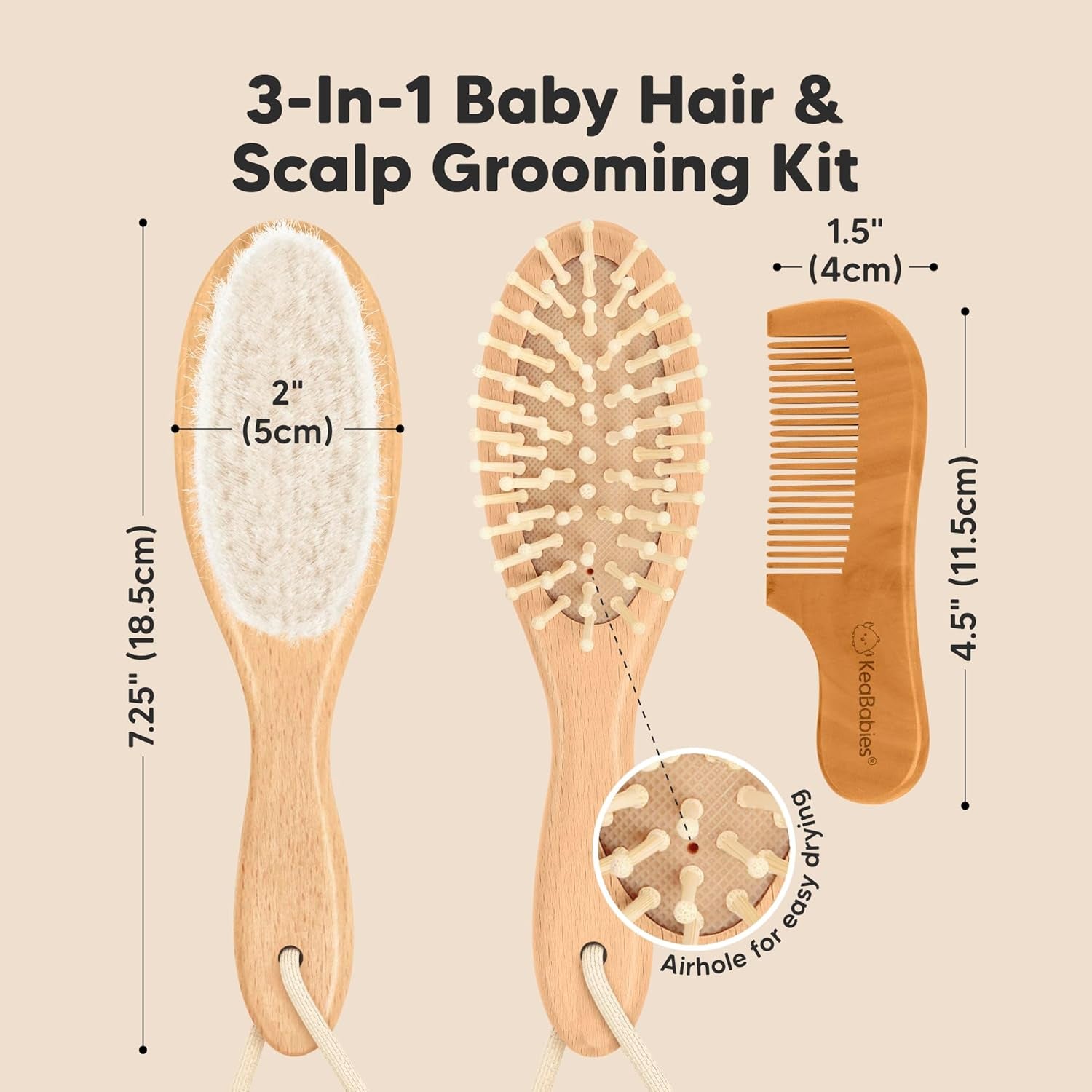 Baby Hair Brush and Comb Set for Newborn - Wooden with Soft Goat Bristle, Newborns Girl, Boy, Toddler Cradle Cap (Oval, Walnut)