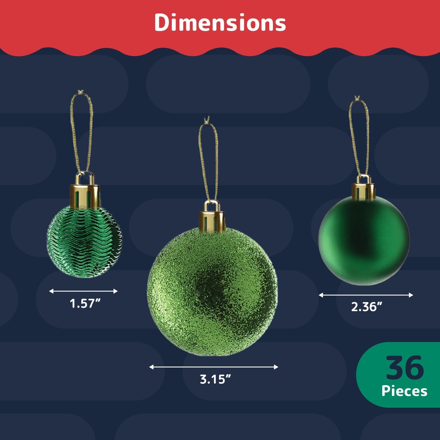 36-Pieces Green Christmas Ornaments Set - Shatterproof, Festive Christmas Tree Balls Decorations in 3 Sizes and 6 Styles with Hanging Loops for Tree, Wreath, and Dazzling Holiday Party Decor